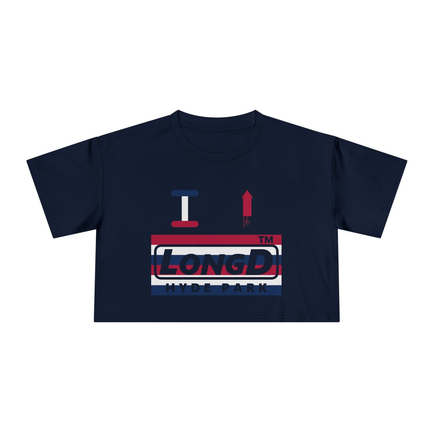 I firecracker LongD negative horizontal 6-striped Hyde Park Logo Crop Tee (Patriotic colors)