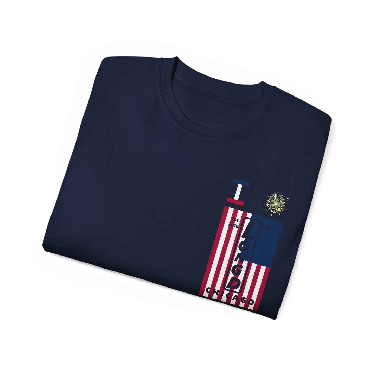 I Burst LongD cotton tee negative cropped flag single-breasted front-back Chicago upright logo (Patriotic colors)