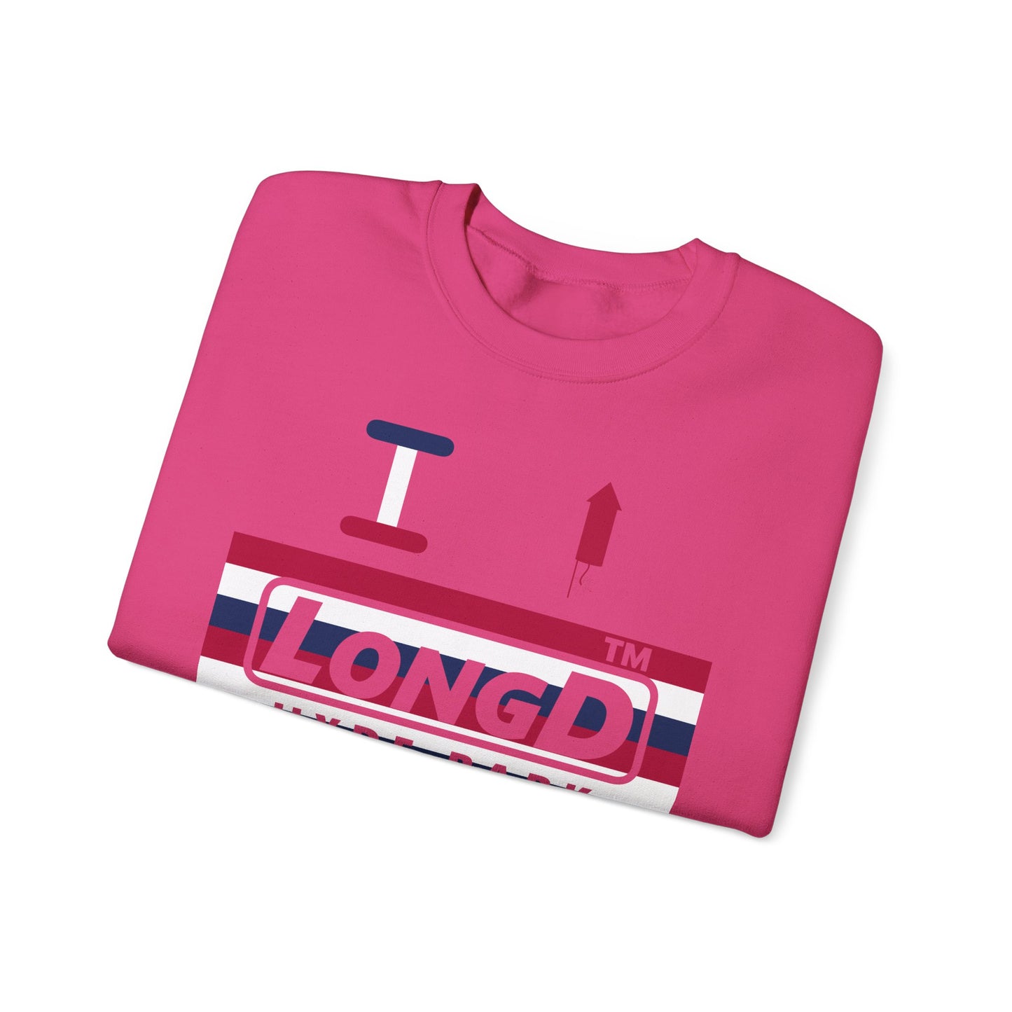 I firecracker LongD negative horizontal 6-striped Hyde Park logo crewneck sweatshirt