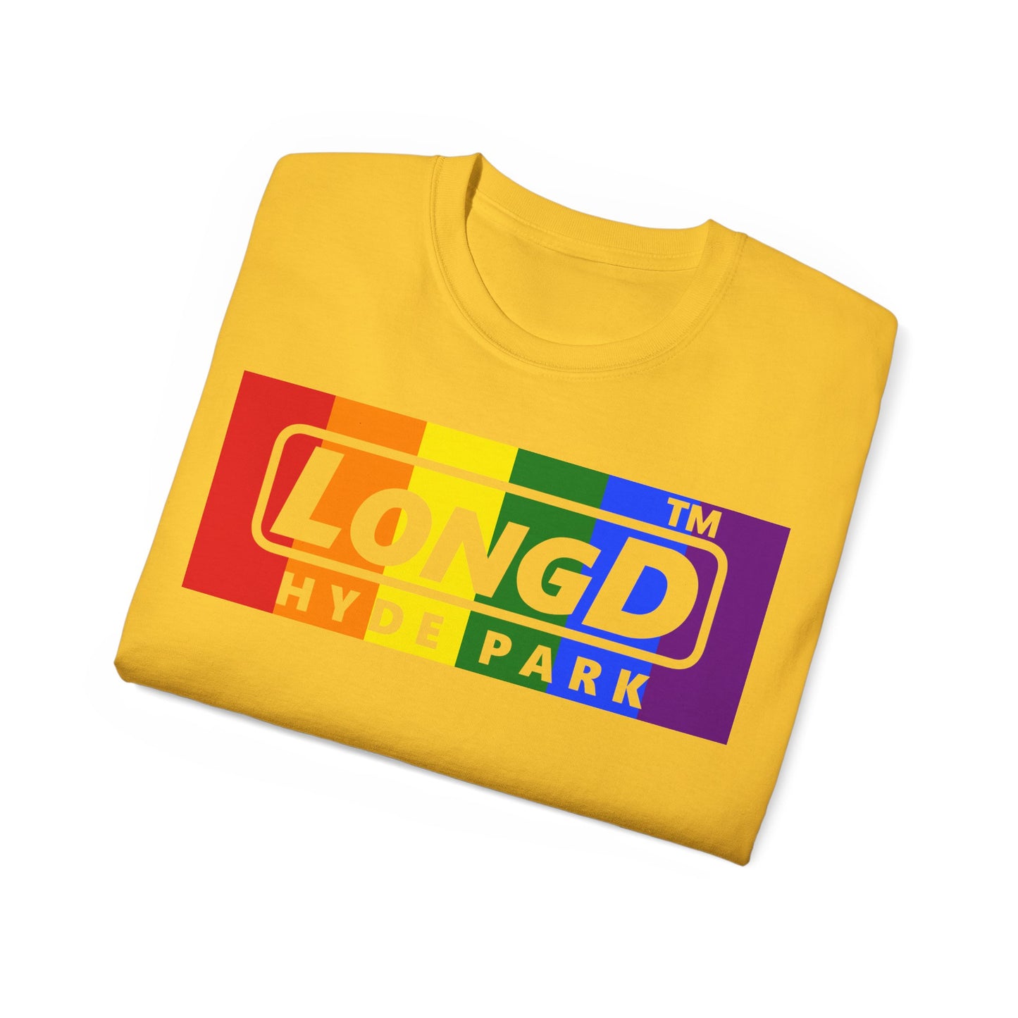 LongD negative vertical striped Hyde Park logo cotton tee (Pride colors)
