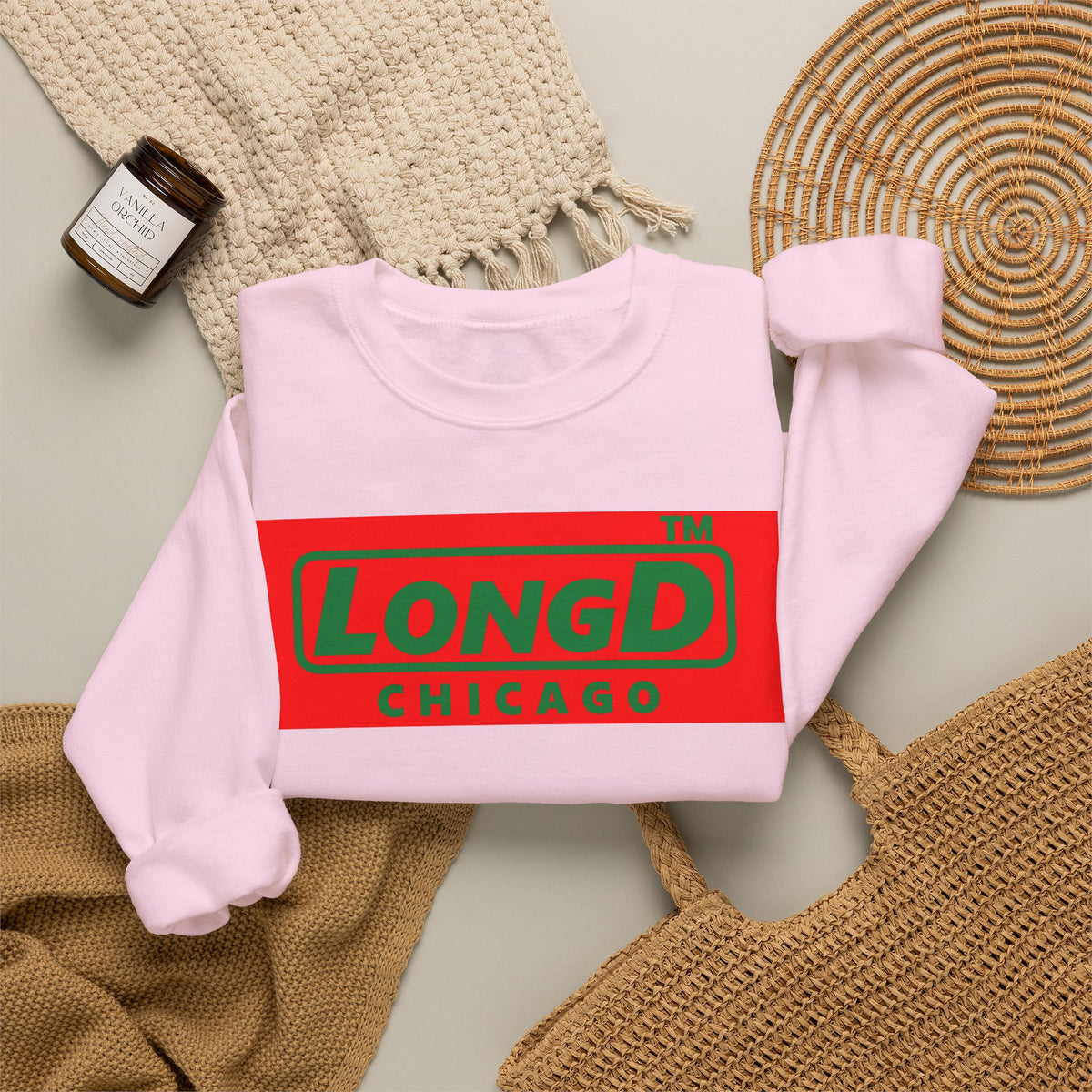 LongD Chicago logo positive green on negative red (Xmas colors) crewneck sweatshirt