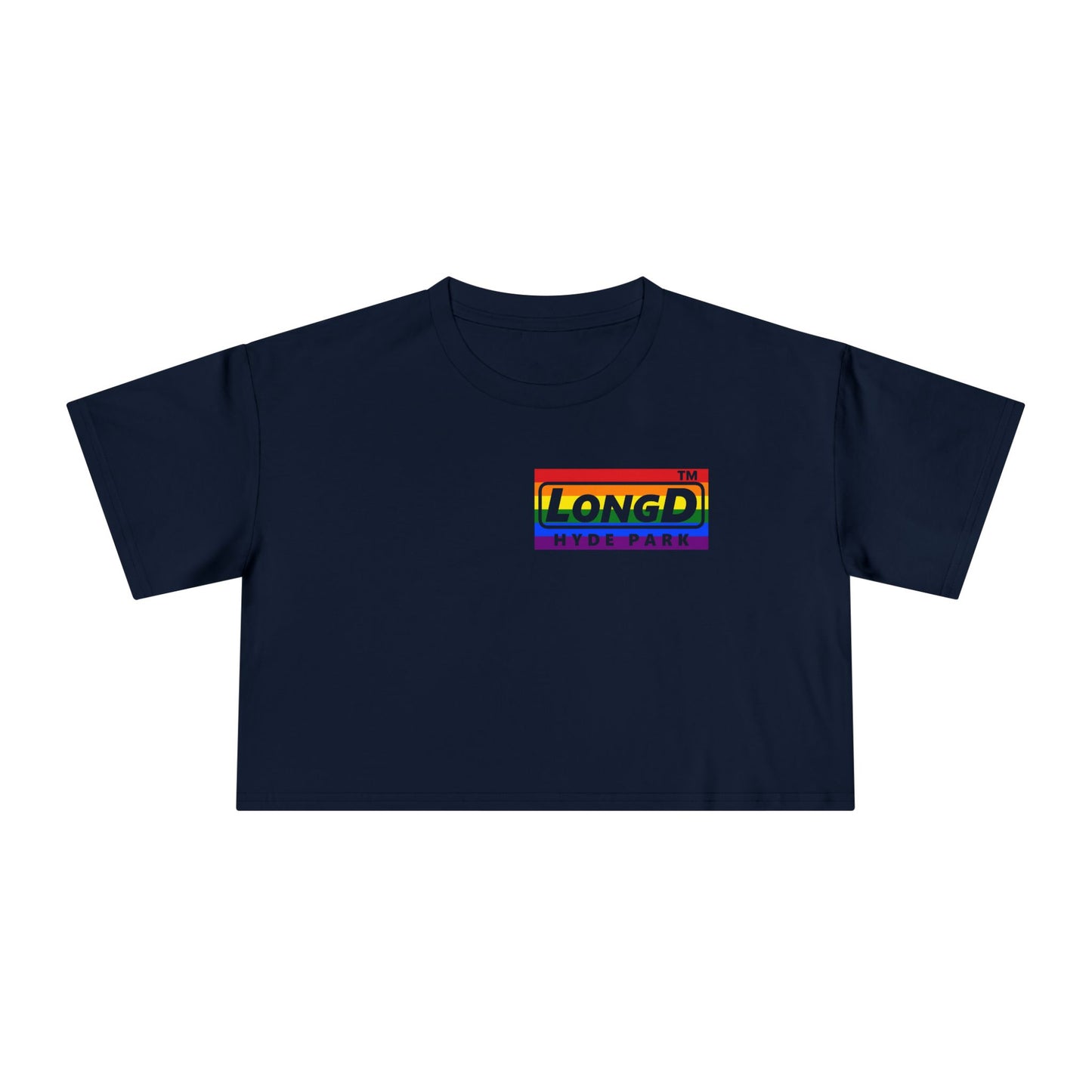LongD negative horizontal 6-striped single-breasted Hyde Park logo reverse front-back crop tee (Pride colors)