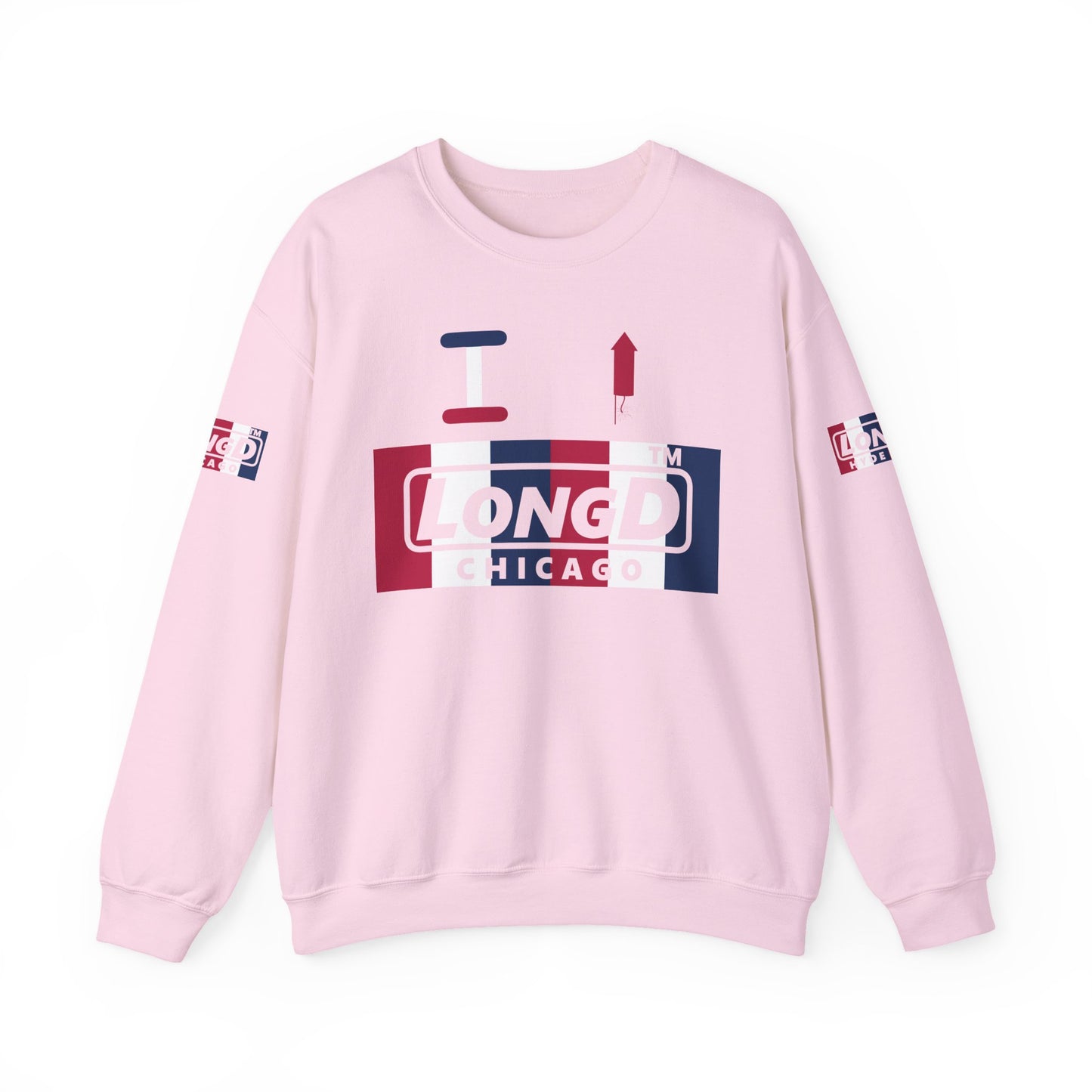 I firecracker LongD positive vertical 6-striped 4-print Chicago logo crewneck sweatshirt