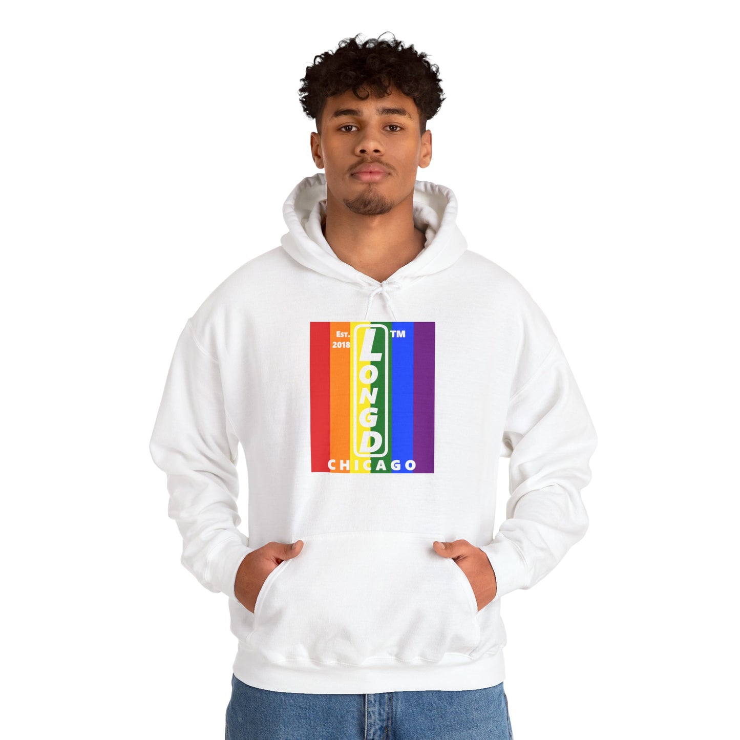 LongD® negative vertical 6-striped upright Chicago logo hoodie (Pride colors)