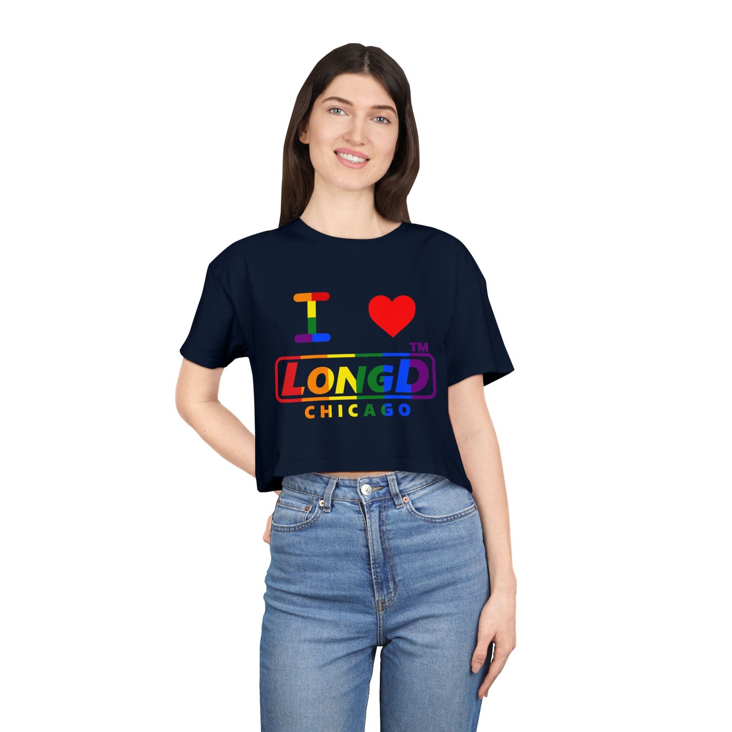 I Luv LongD positive vertical 6-striped Chicago logo crop tee (Pride colors)