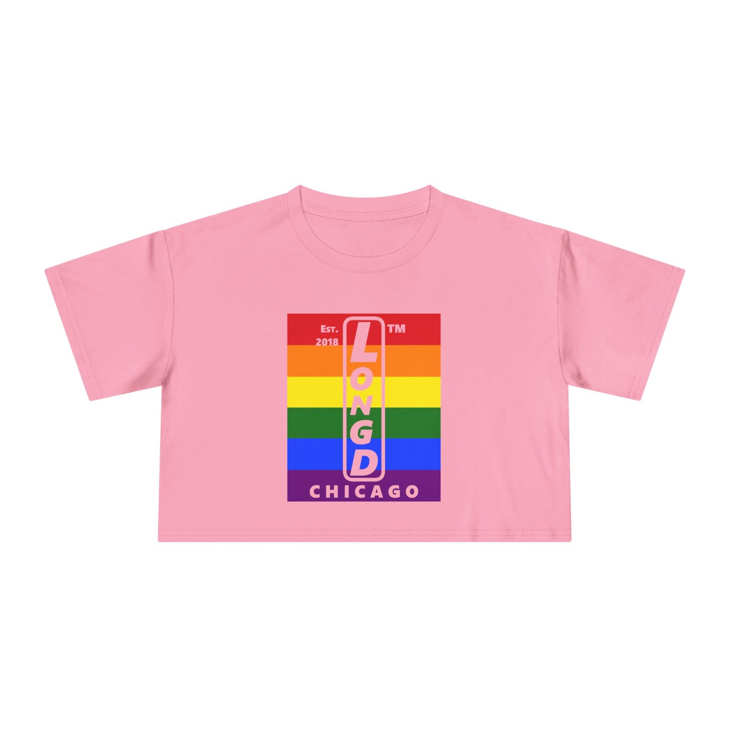 Mixed horizontal 6-striped upright front-back Chicago logo crop tee (Pride colors)