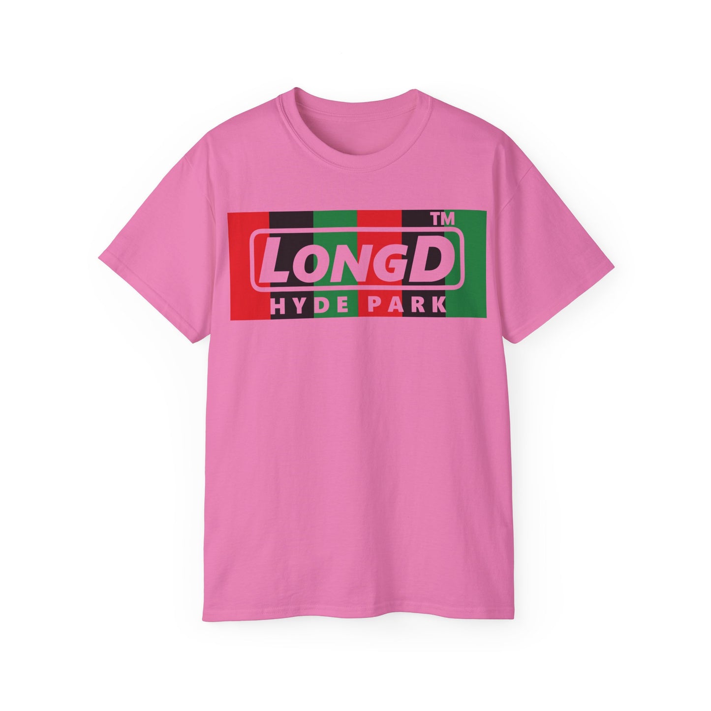 LongD negative vertical 6-striped Hyde Park logo front-back cotton tee (Juneteenth colors)