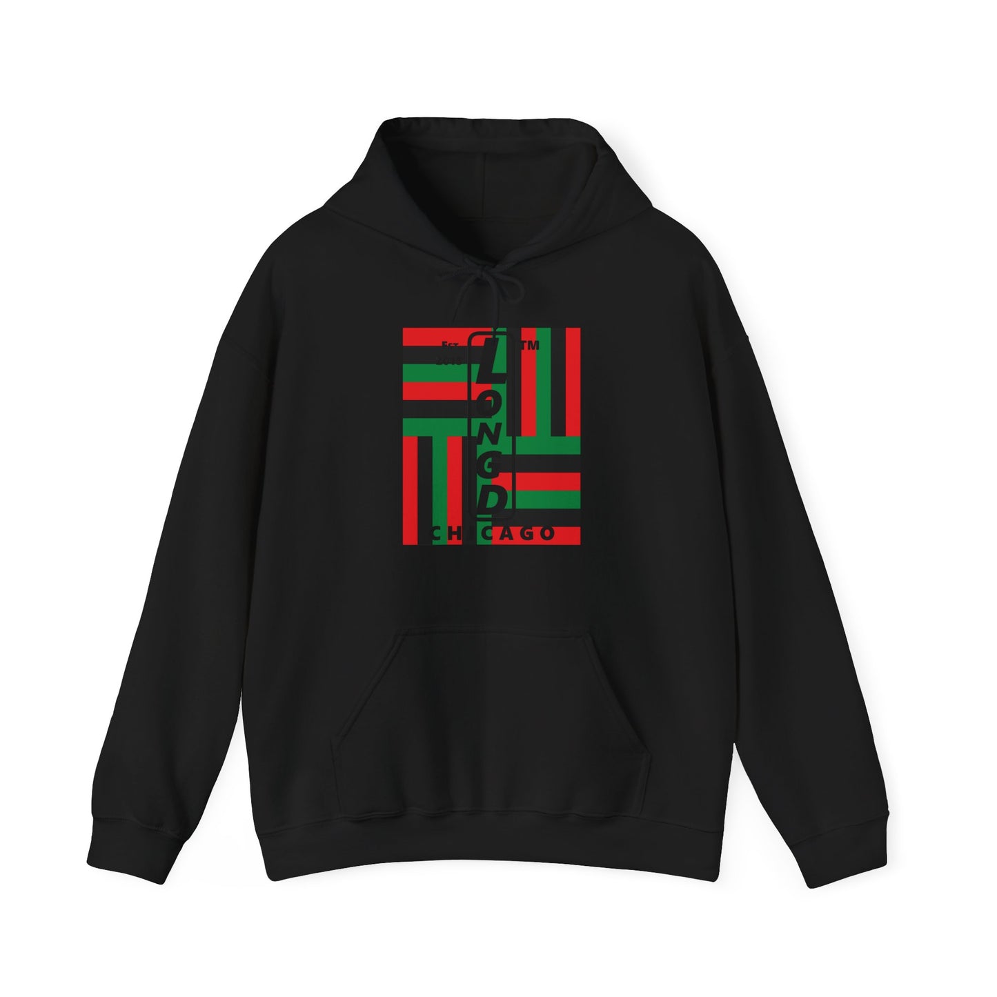 LongD® negative windmill upright Chicago logo hoodie (Juneteenth colors)