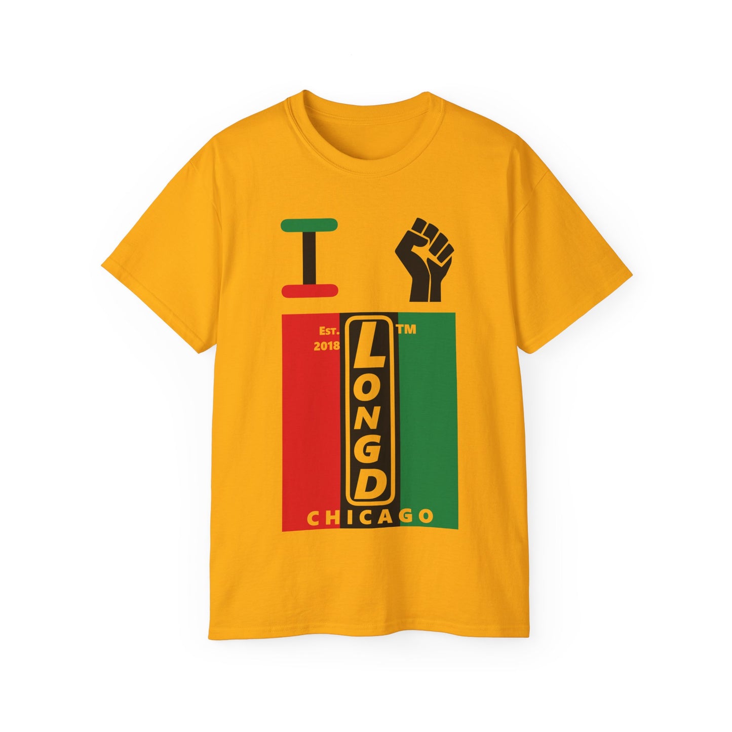 I fist LongD Cotton Tee negative vertical striped Chicago upright logo (Juneteenth colors)