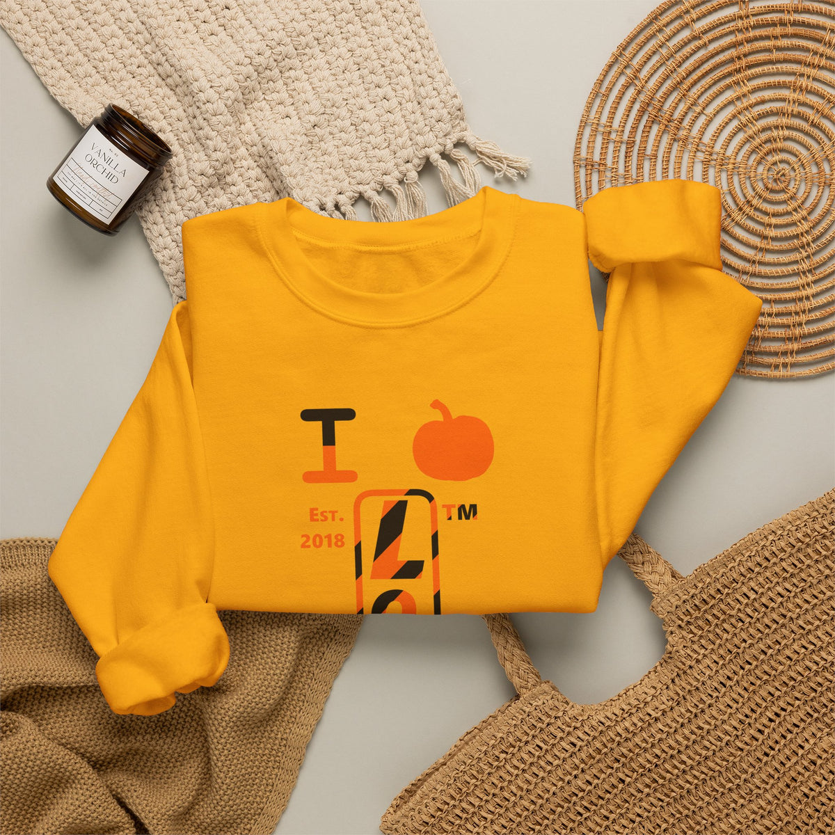 I pumpkin LongD Chicago positive upright pixel-weighted 12-striped front-back logo crewneck sweatshirt