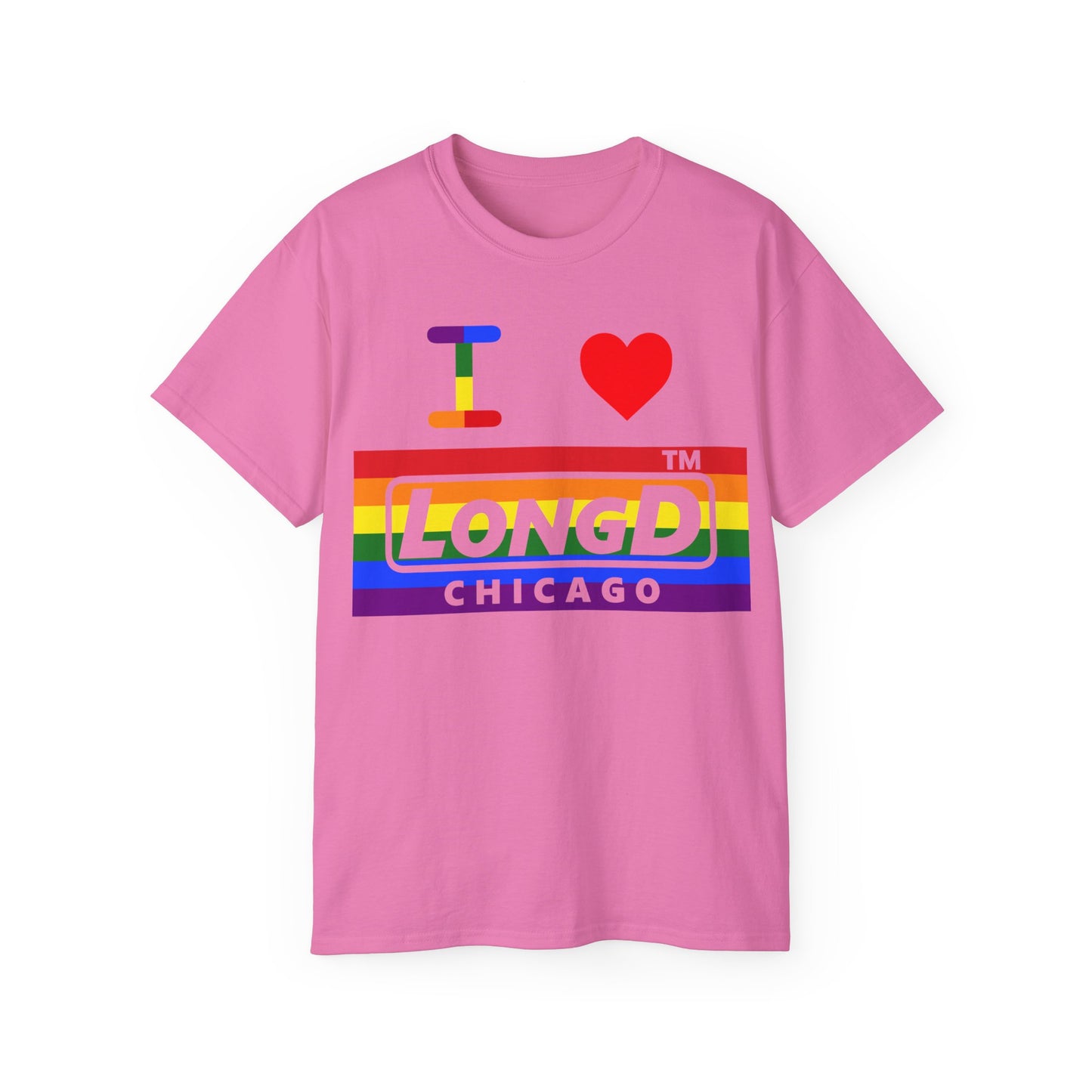 I Luv LongD negative horizontal striped front-back Chicago logo cotton tee (Pride colors)