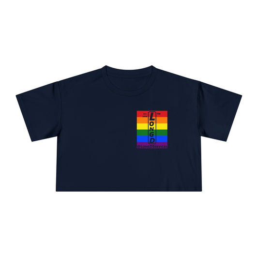 Negative horizontal 6-striped upright single-breasted tag logo crop tee (Pride colors)