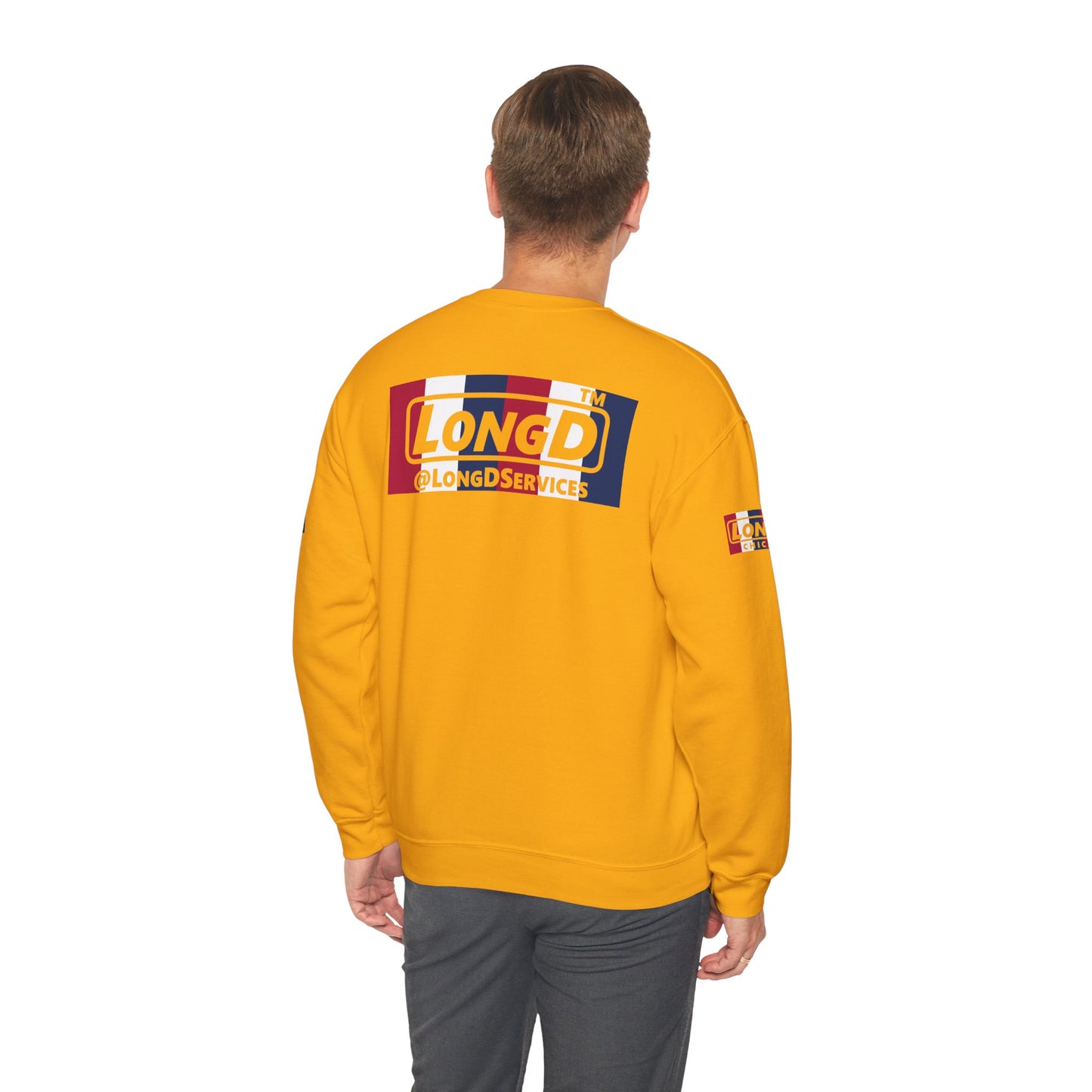 I firecracker LongD positive vertical 6-striped 4-print Hyde Park logo crewneck sweatshirt