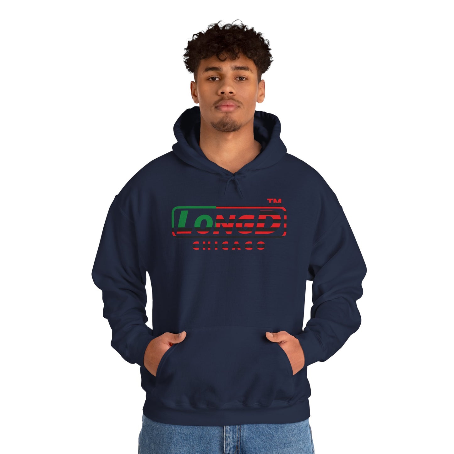 LongD® positive flag front-back Chicago logo Hoodie (Juneteenth colors)