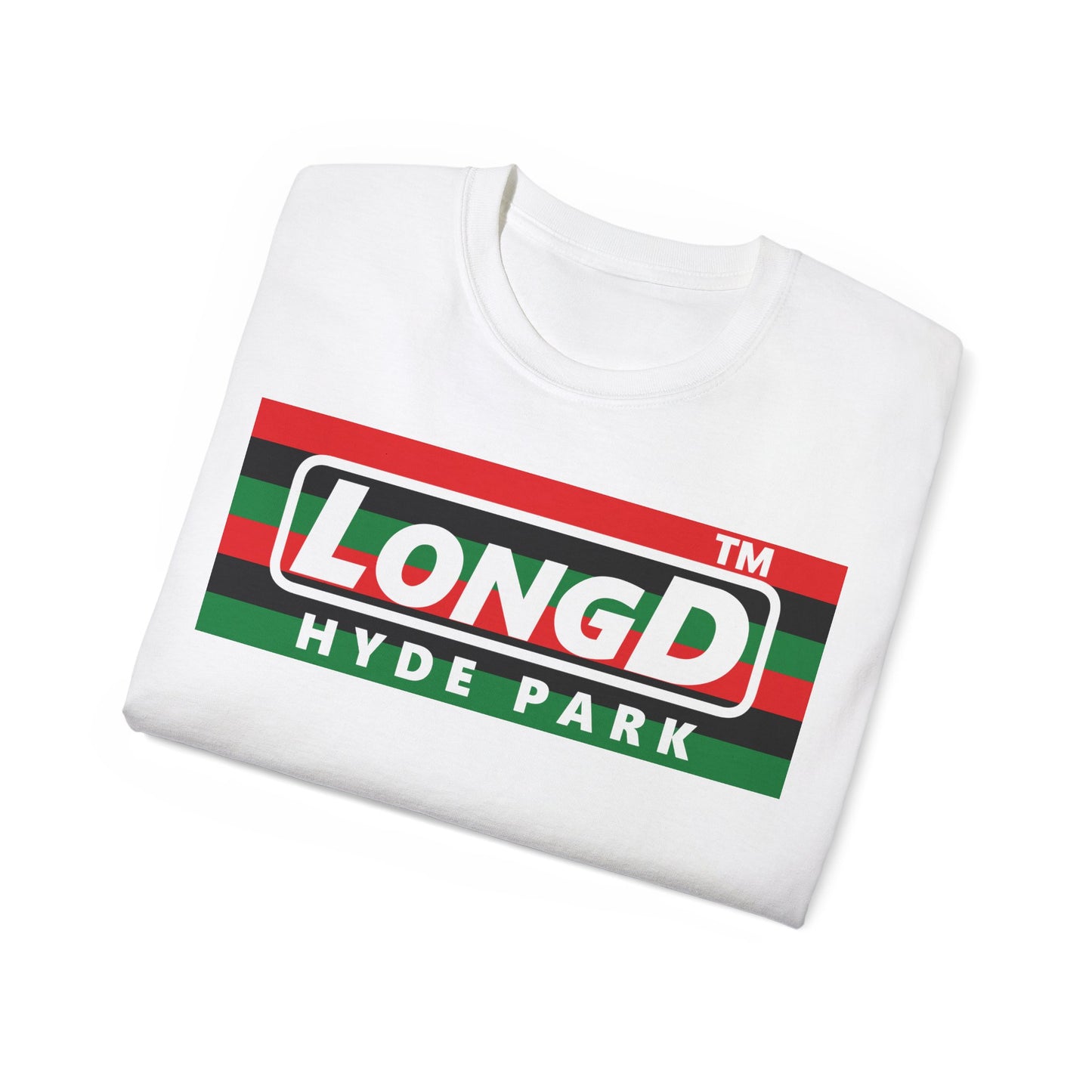 LongD negative horizontal 6-striped Hyde Park logo cotton tee (Juneteenth colors)