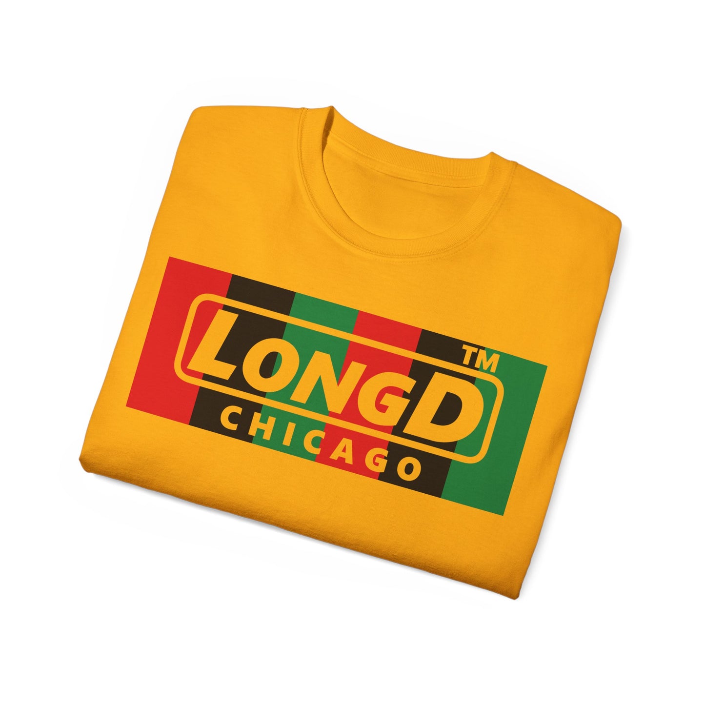 LongD negative vertical 6-striped Chicago logo front-back cotton tee (Juneteenth colors)