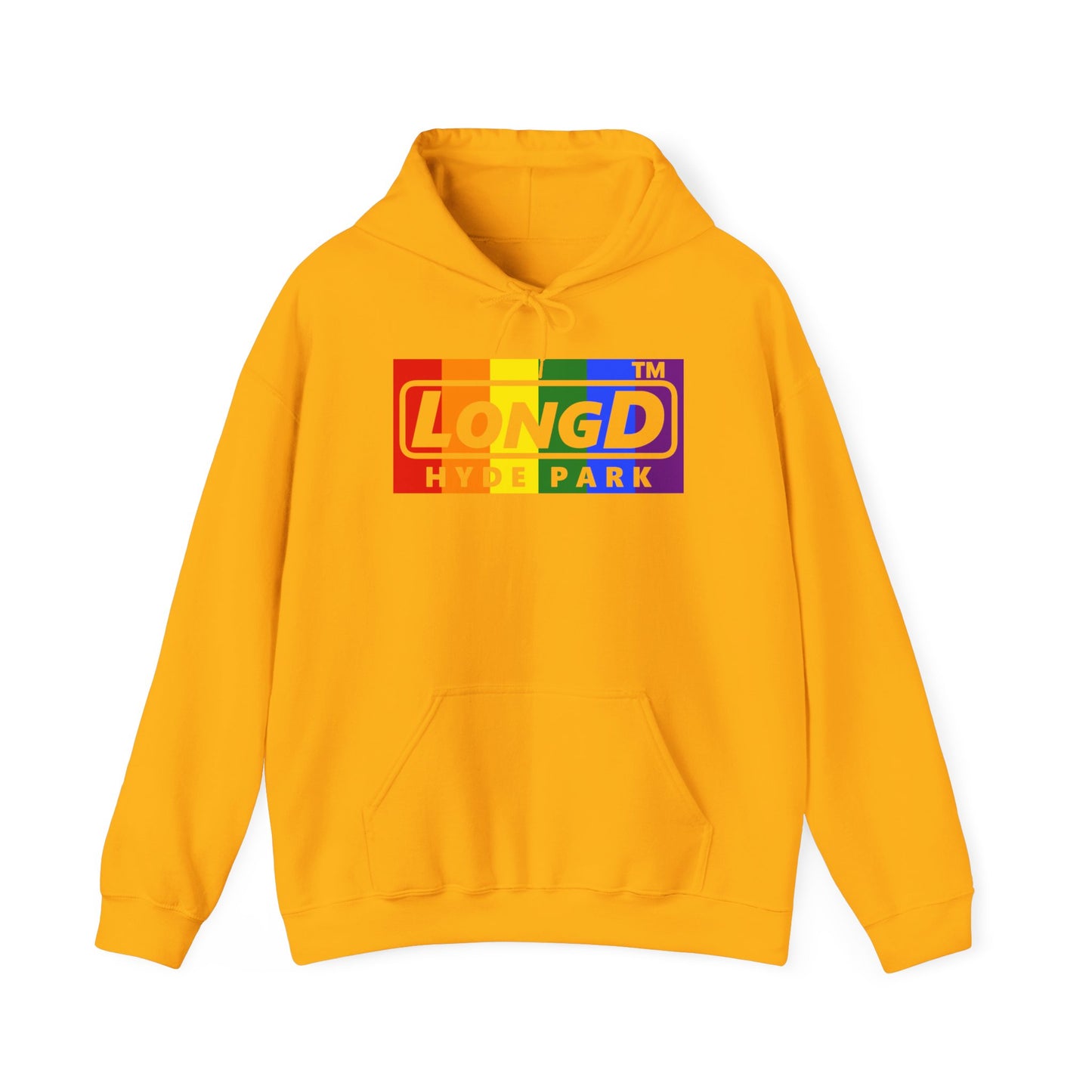 LongD® negative vertical striped Hyde Park logo hoodie (Pride colors)