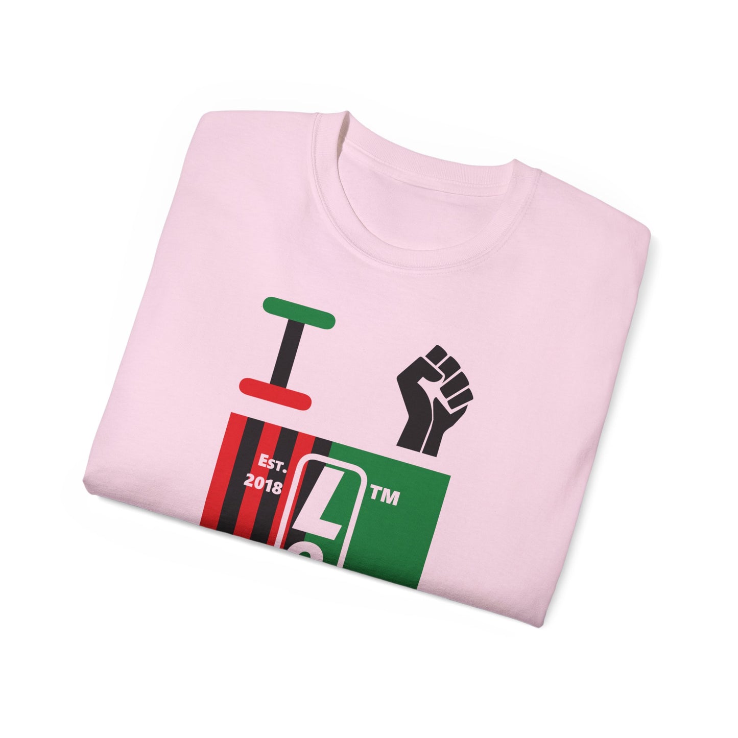 I fist LongD Cotton Tee negative flag Chicago upright logo (Juneteenth colors)