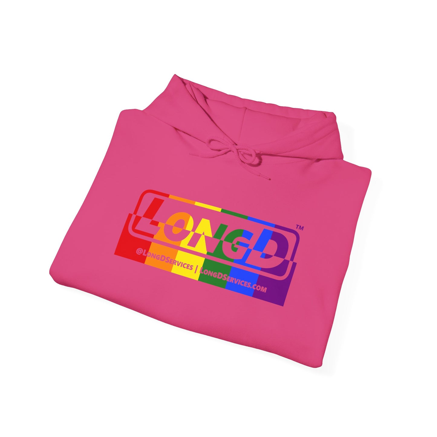 LongD® Logo Hoodie with Pride rainbow positive top negative bottom text
