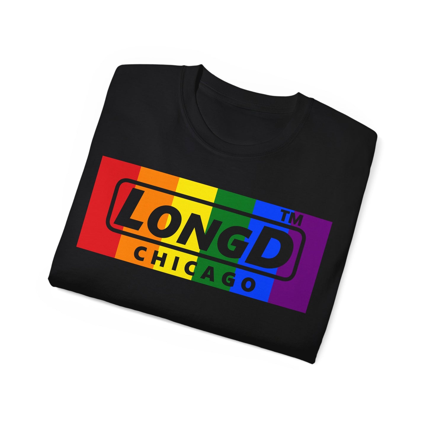 LongD negative vertical striped Chicago logo cotton tee (Pride colors)