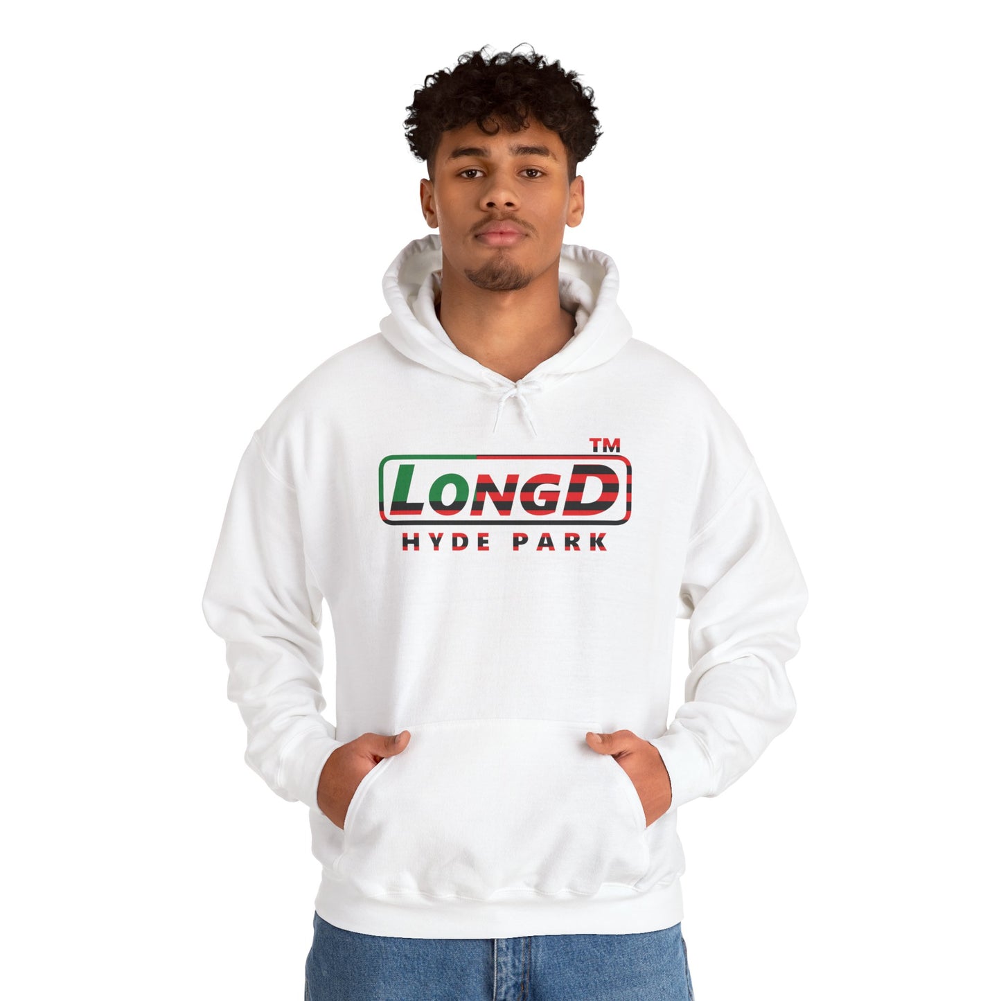 LongD® positive flag front-back Hyde Park logo Hoodie (Juneteenth colors)