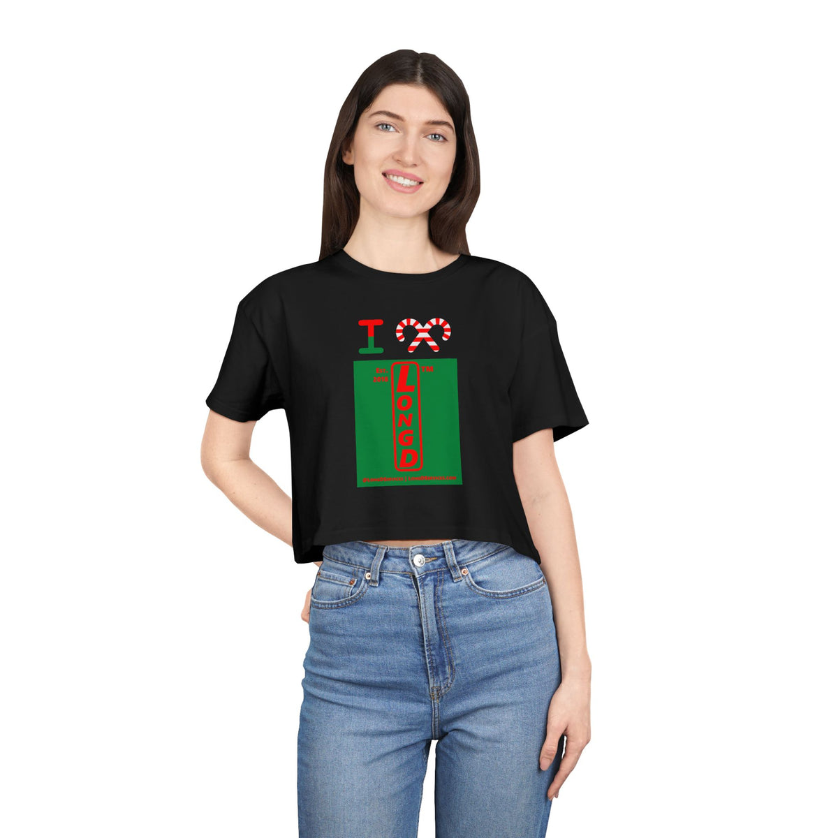 I candy cane LongD Tag-domain upright front-back logo positive red on negative green crop tee