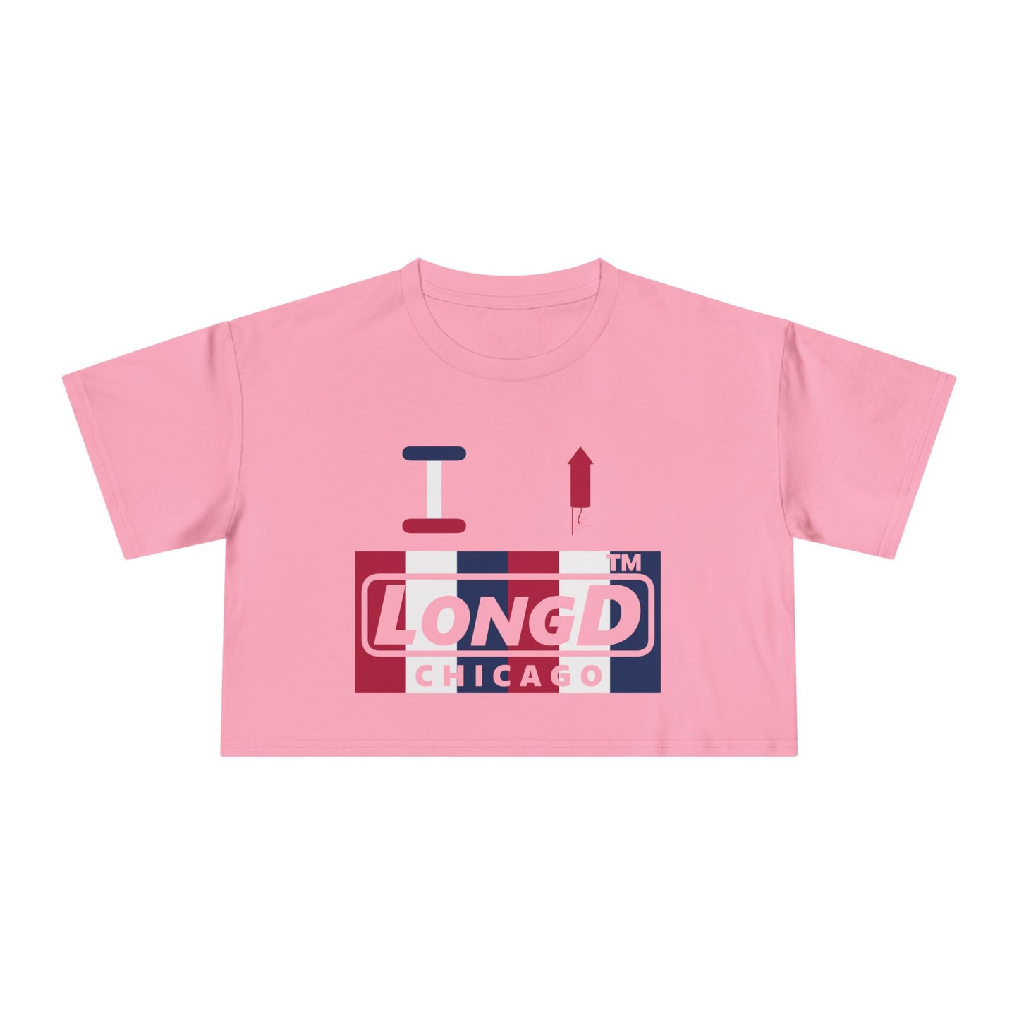 I firecracker LongD negative vertical 6-striped Chicago Logo Crop Tee (Patriotic colors)