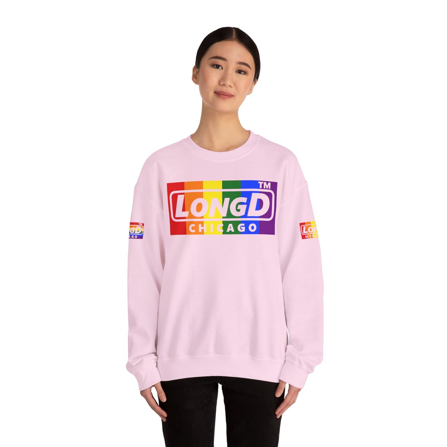 LongD official basic 4-print Chicago logo crewneck sweatshirt with Pride heart