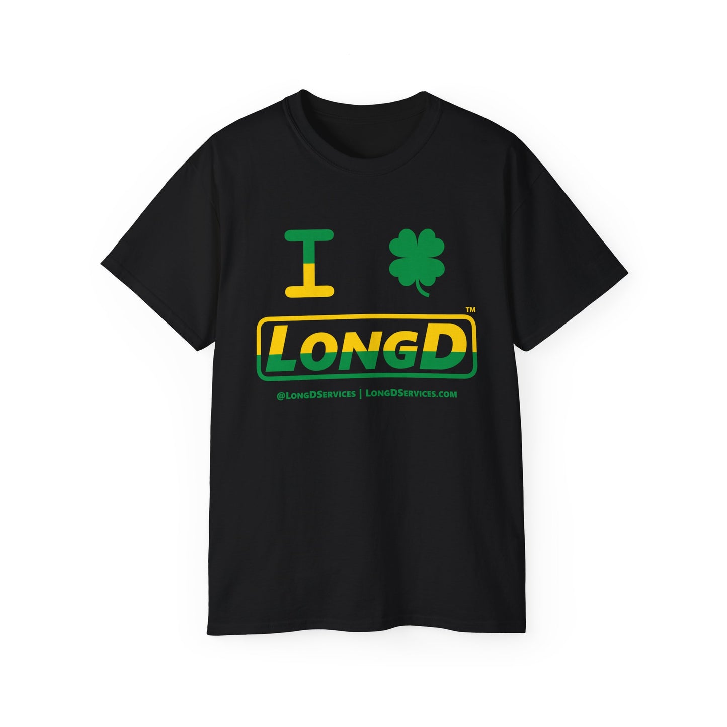 I Clover LongD® Logo Cotton Tee (St. Patrick's Day -Irish Green and Golden Yellow top-bottom split with 4-leaf clover)