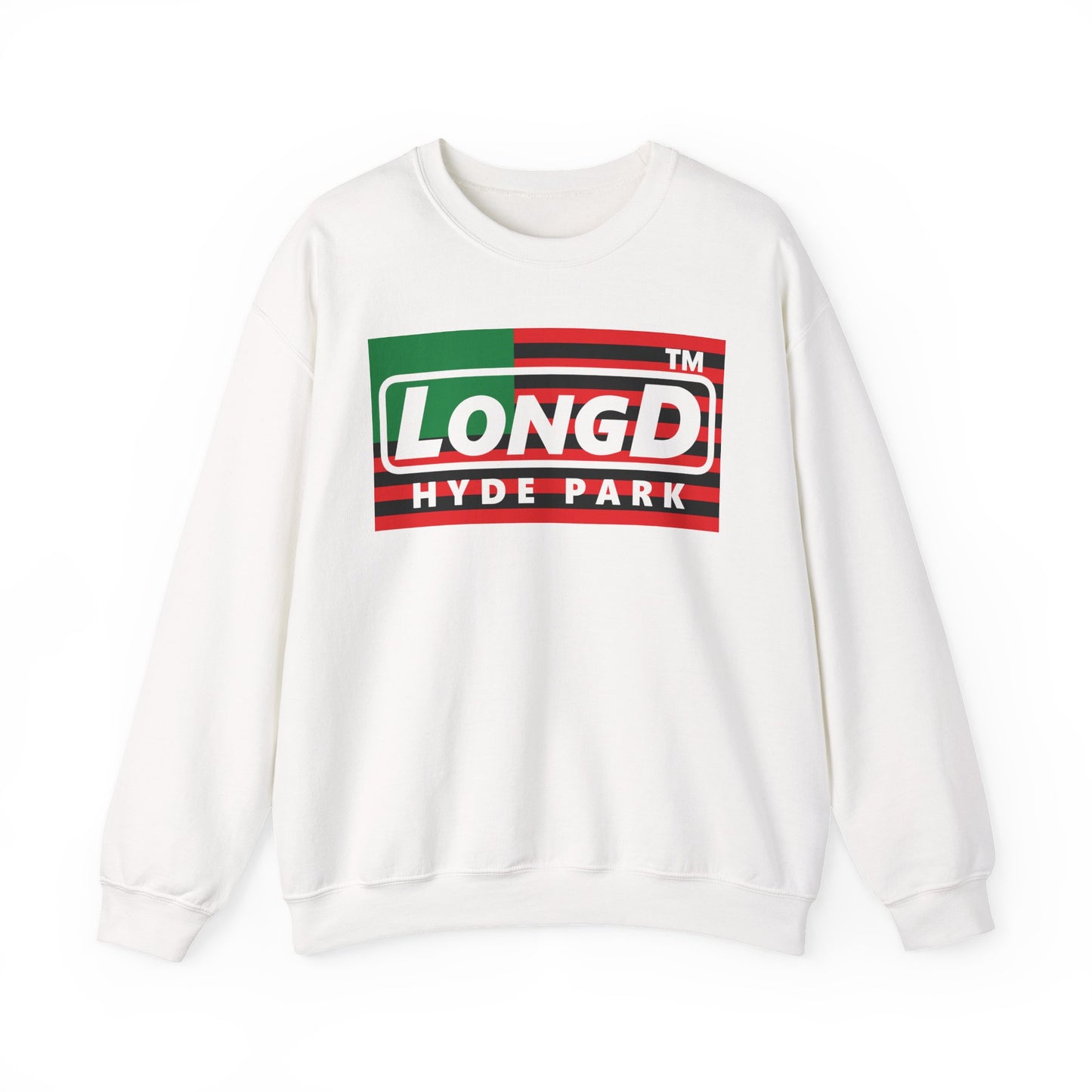 LongD negative flag front-back Hyde Park logo crewneck sweatshirt (Juneteenth colors)