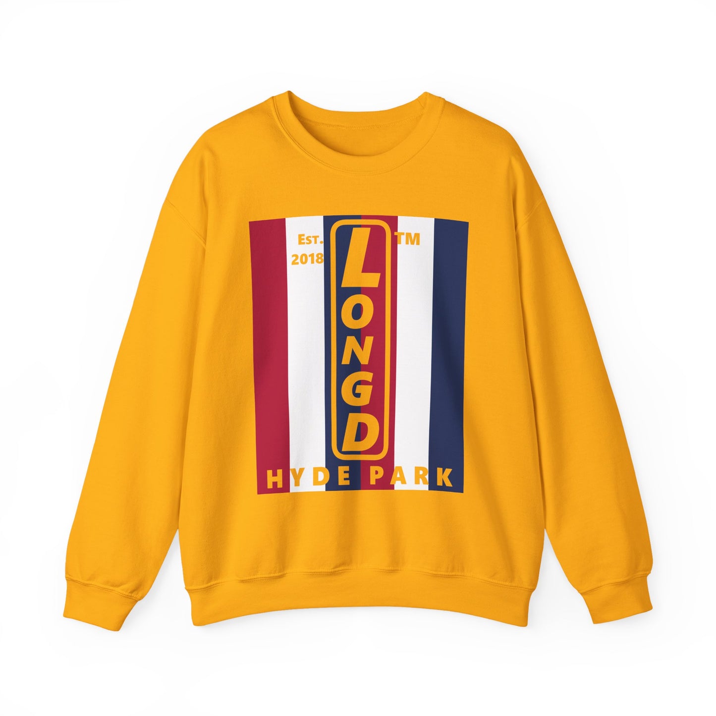 LongD negative vertical 6-striped Hyde Park upright logo crewneck sweatshirt (patriotic colors)