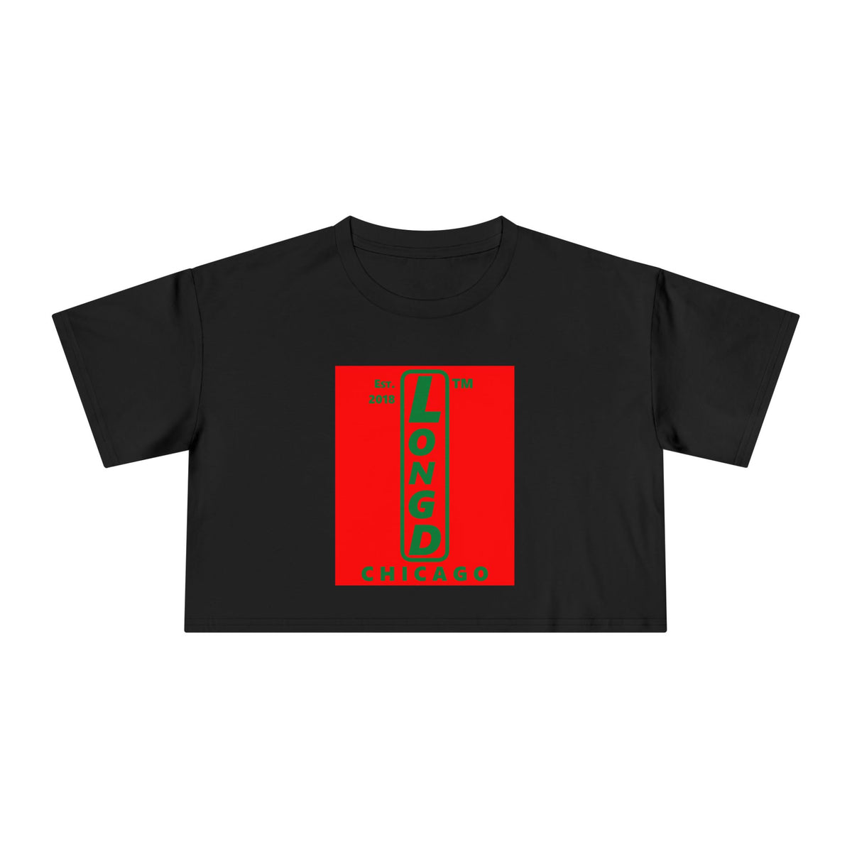 LongD Chicago upright logo positive green on negative red (Xmas colors) crop tee