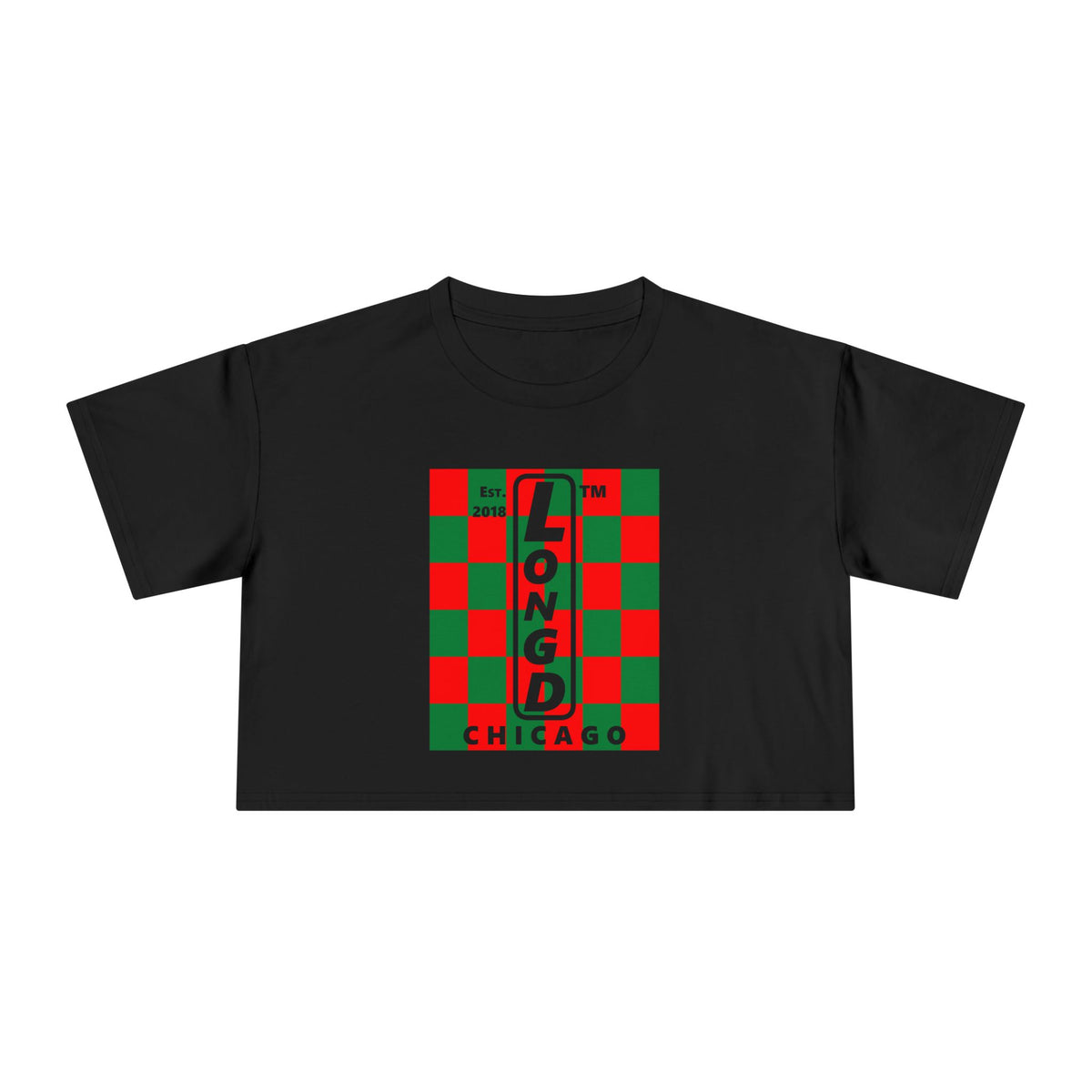 LongD Chicago negative upright checkered logo (Xmas colors) crop tee