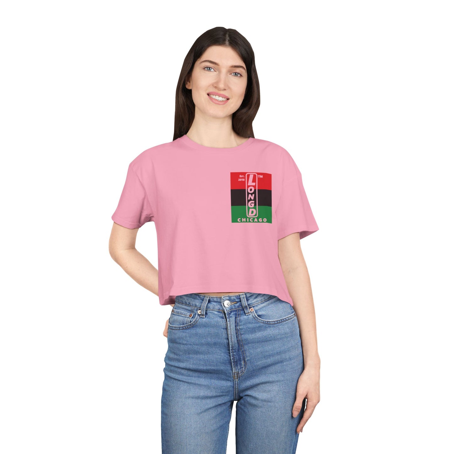 Negative horizontal 3-striped upright single-breasted Chicago logo crop tee (Juneteenth colors)