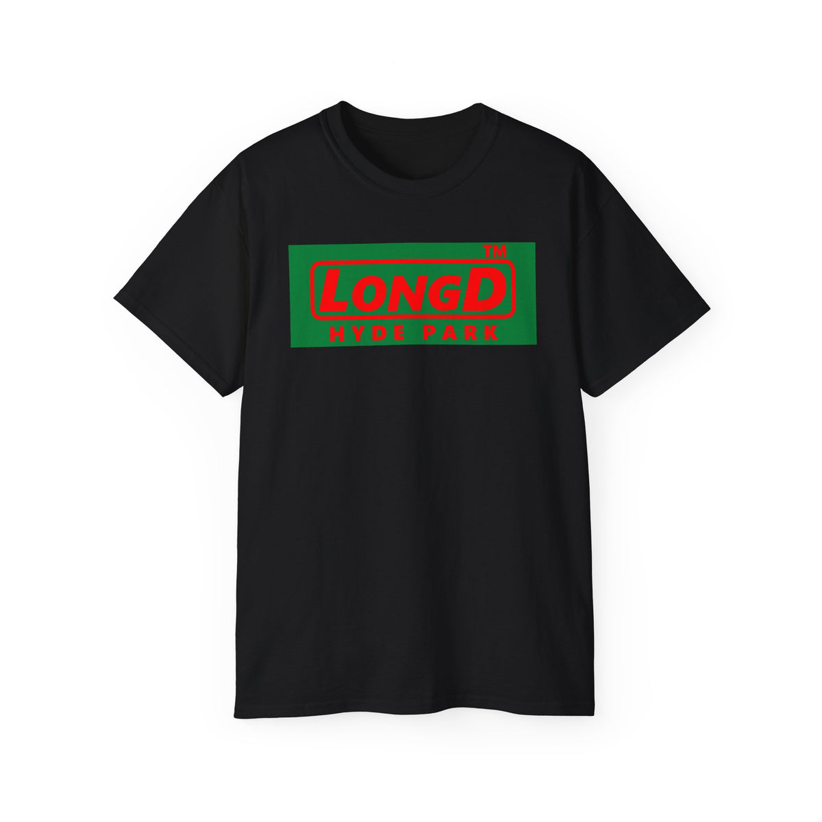 LongD Hyde Park logo positive red on negative green (Xmas colors) cotton tee