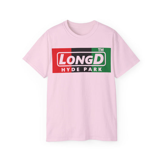 LongD negative vertical 3-striped Hyde Park logo cotton tee (Juneteenth colors)