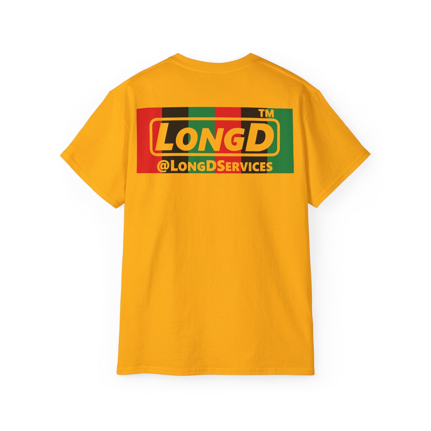 LongD negative vertical 6-striped Chicago logo front-back cotton tee (Juneteenth colors)