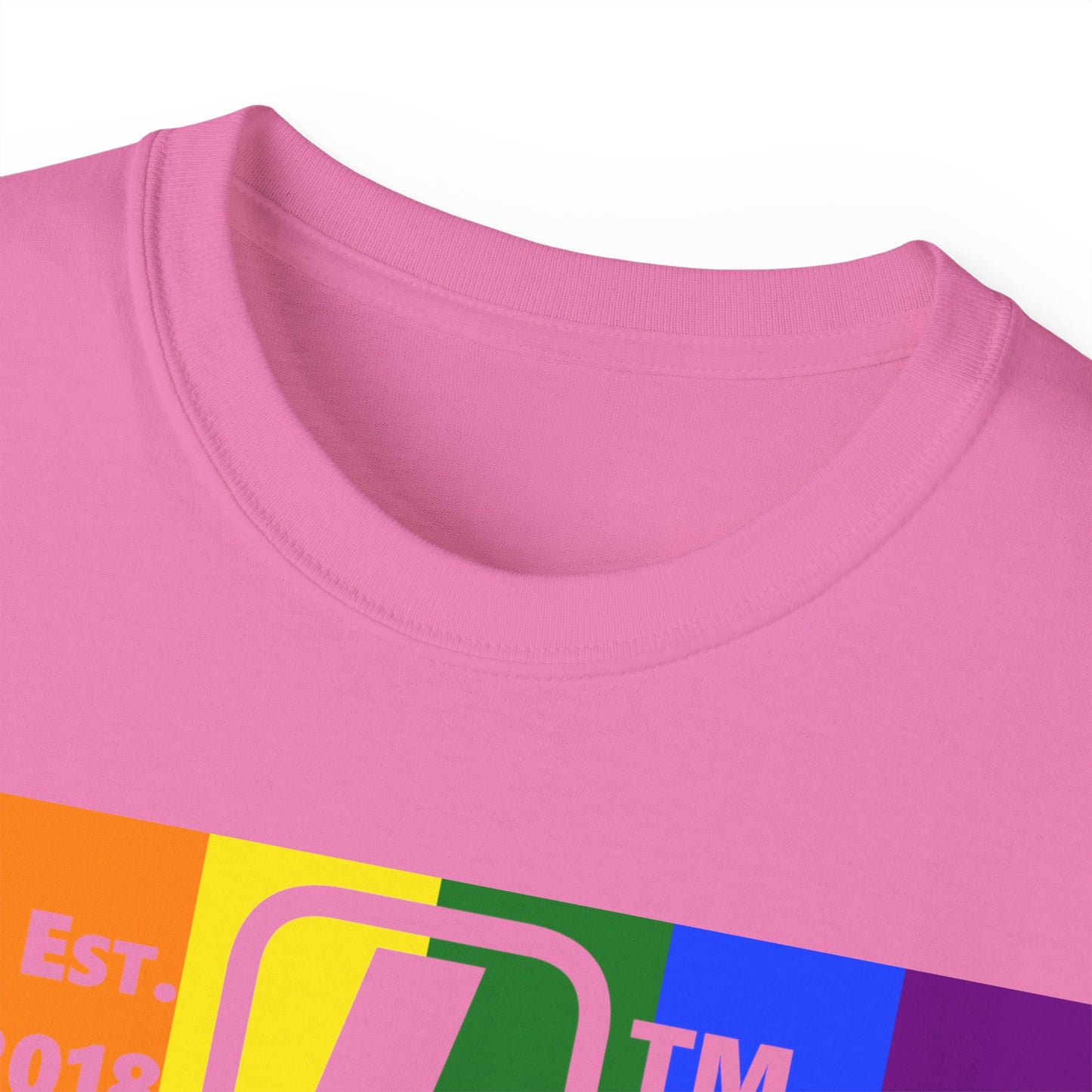 LongD Cotton Tee negative vertical striped Hyde Park upright logo (Pride colors)