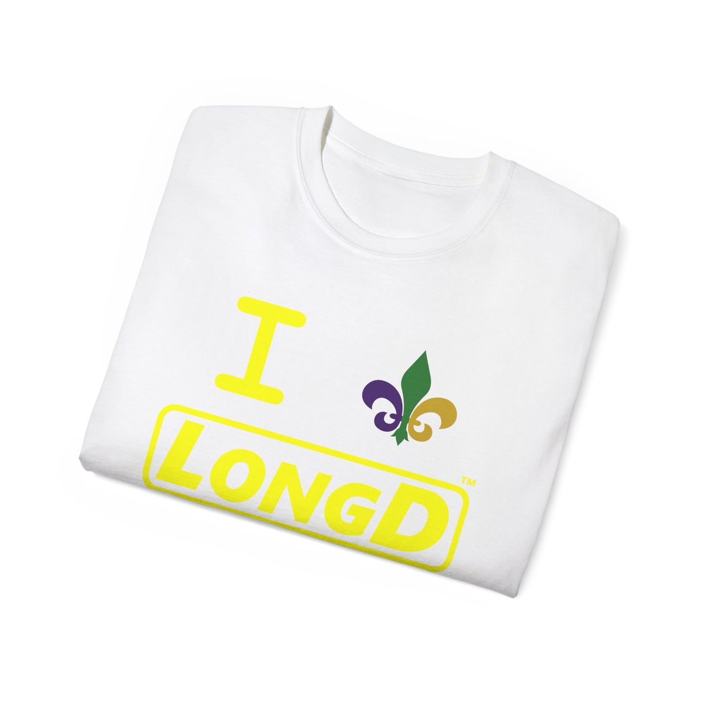 I Fleur LongD® Logo Cotton Tee (yellow text & Mardi Gras colored  fleur de lis)