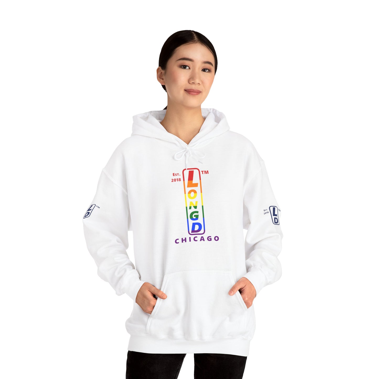 LongD® positive horizontal 6-striped Chicago 4-print upright logo hoodie (Pride colors)