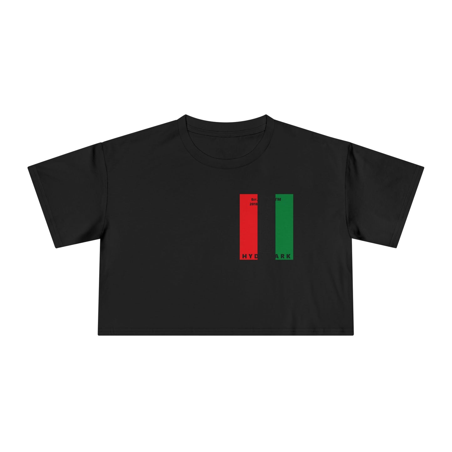 Negative vertical 3-striped upright single-breasted Hyde Park logo crop tee (Juneteenth colors)