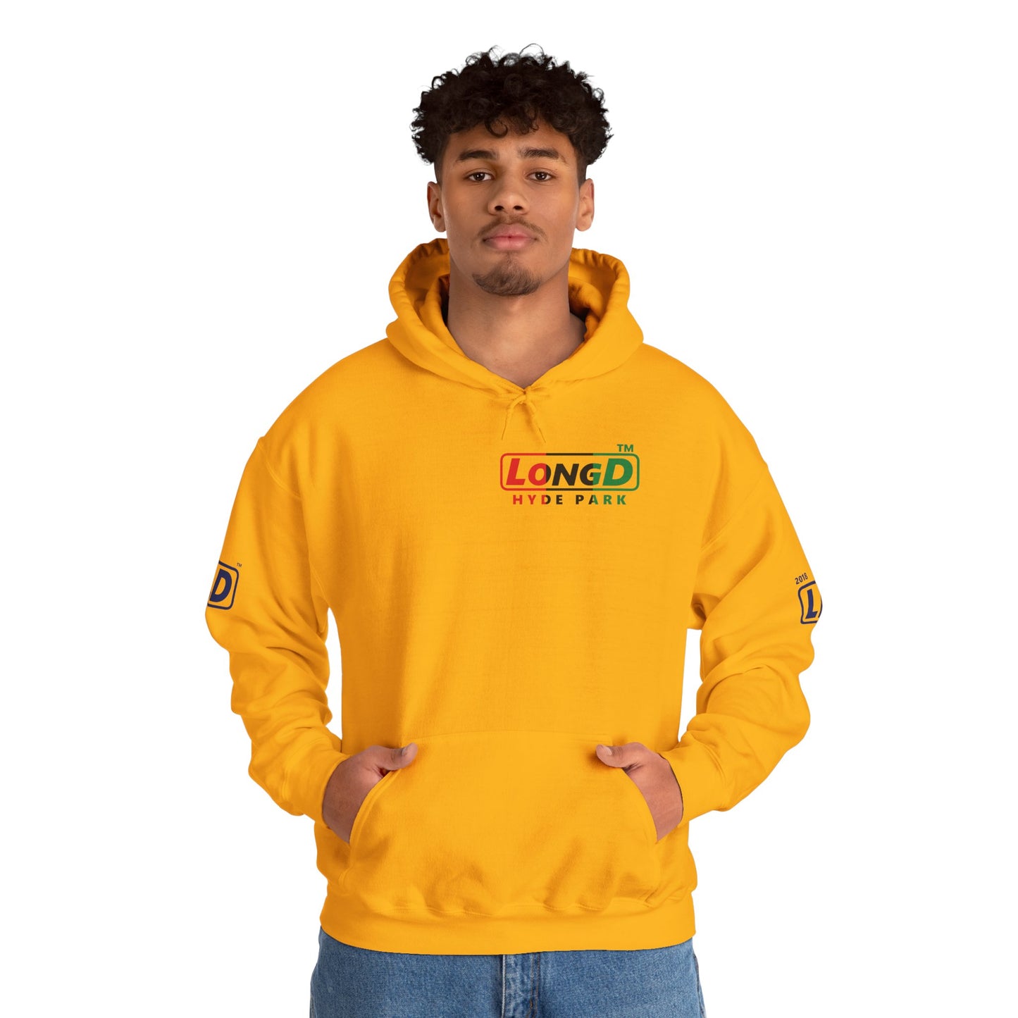 LongD® positive vertical 3-striped 4-print single-breasted Hyde Park logo Hoodie (Juneteenth colors)