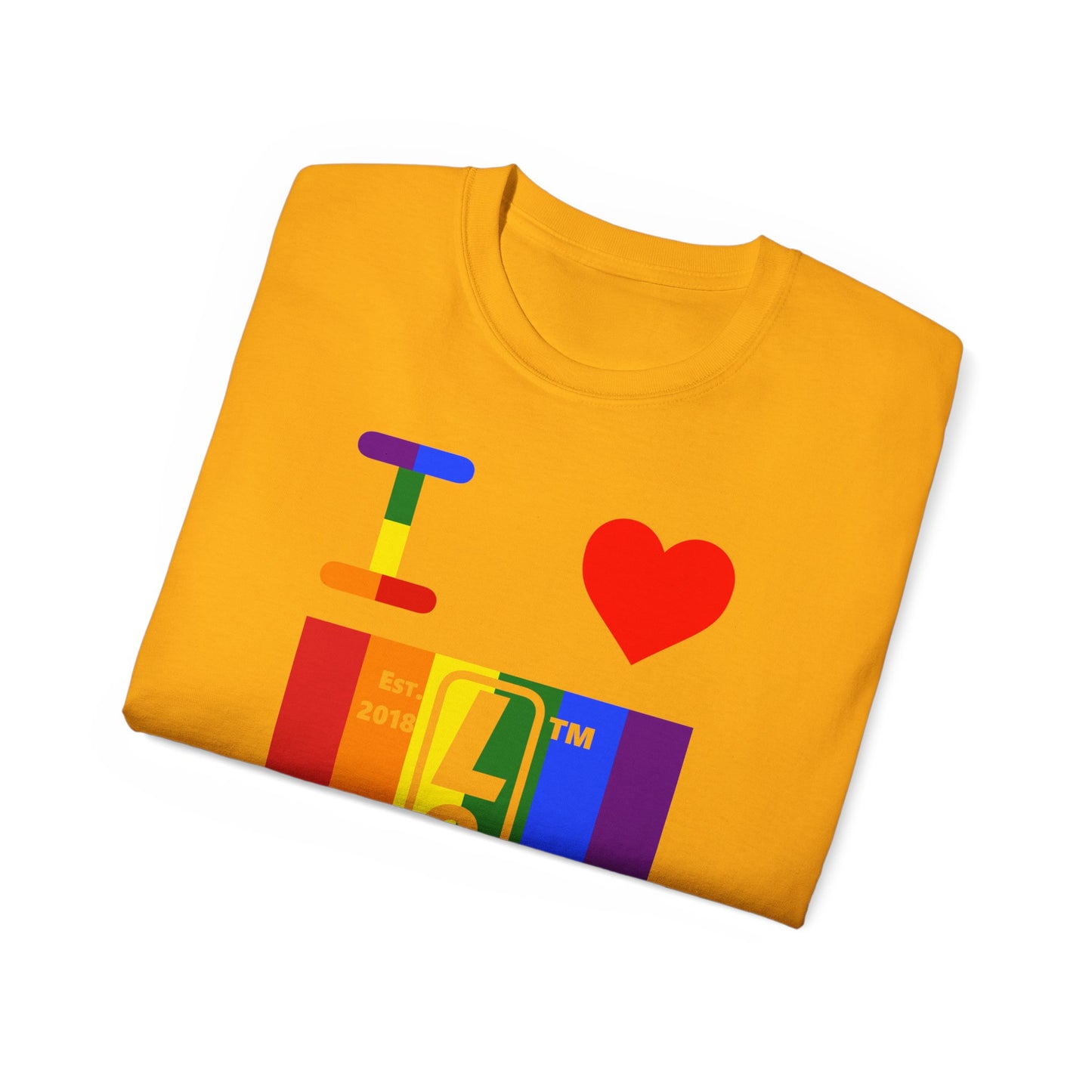 I Luv LongD Cotton Tee negative vertical striped Chicago upright logo (Pride colors)
