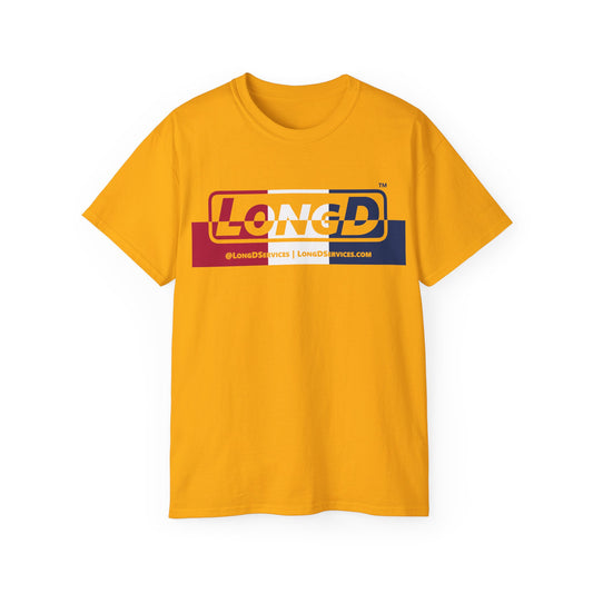 LongD® Logo Cotton Tee Red, White and Blue positive top negative bottom thirds text
