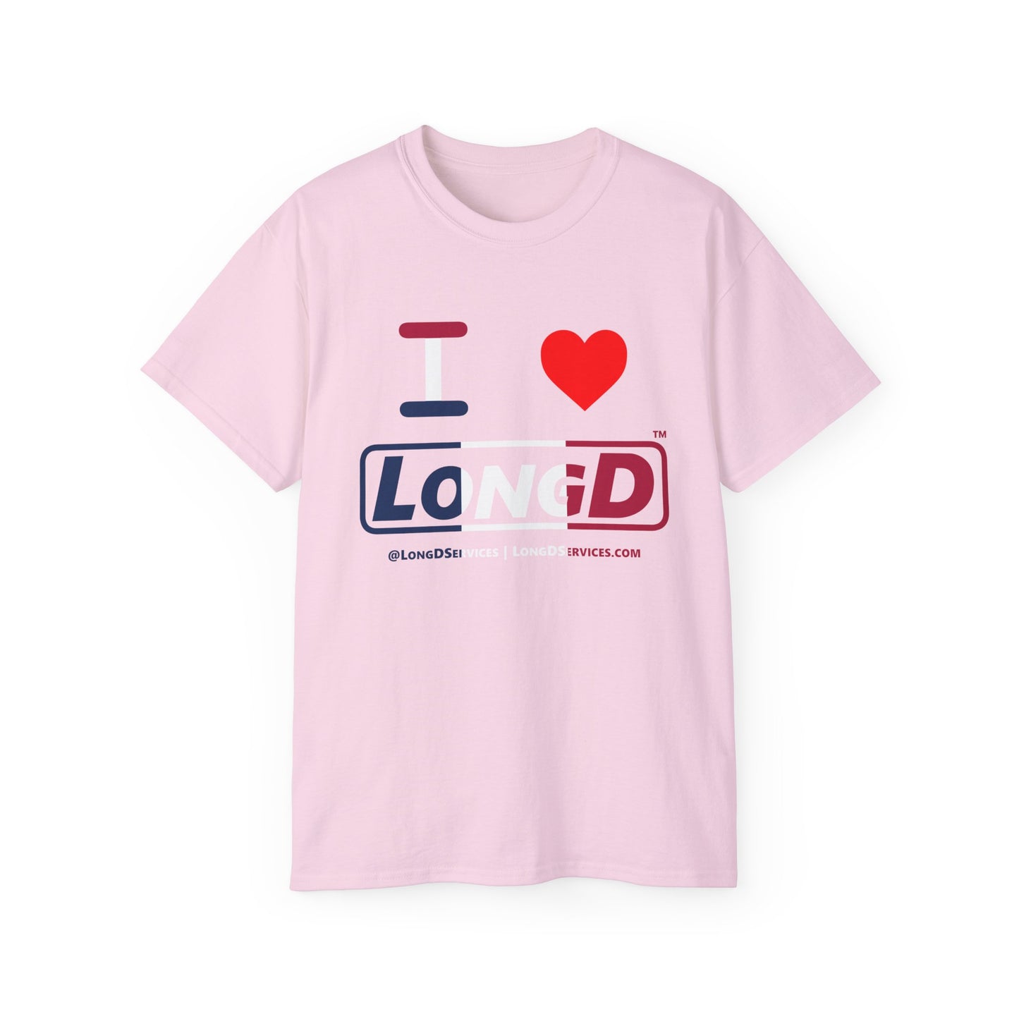 I Luv LongD® Logo Cotton Tee Blue, White and Red positive thirds text