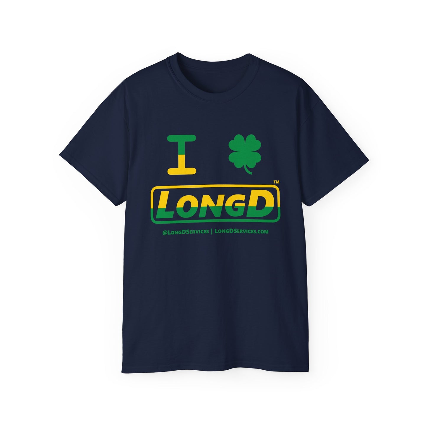 I Clover LongD® Logo Cotton Tee (St. Patrick's Day -Irish Green and Golden Yellow top-bottom split with 4-leaf clover)