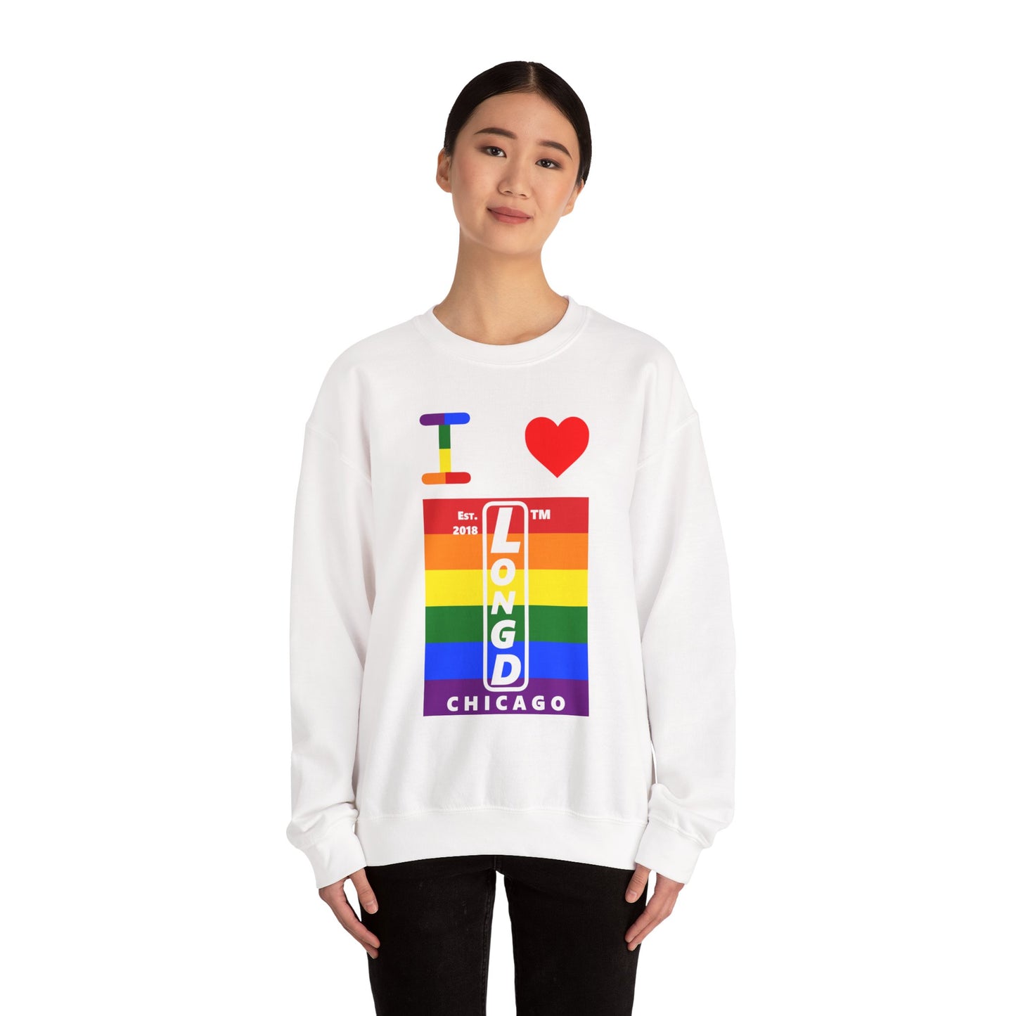 I Luv LongD negative horizontal 6-striped Chicago upright logo crewneck sweatshirt