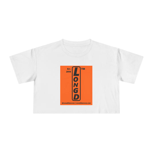 LongD Tag-domain upright logo positive black on negative orange (Halloween colors) crop tee