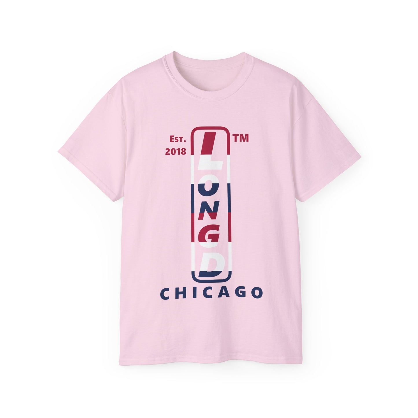 LongD cotton tee positive horizontal 6-striped Chicago upright logo (Patriotic colors)