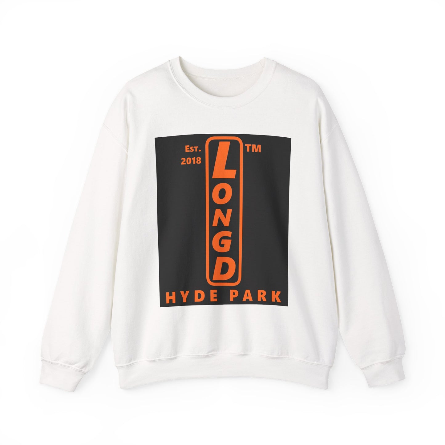 LongD Hyde Park upright front-back logo orange (FE7518) on Black (000000) crewneck sweatshirt